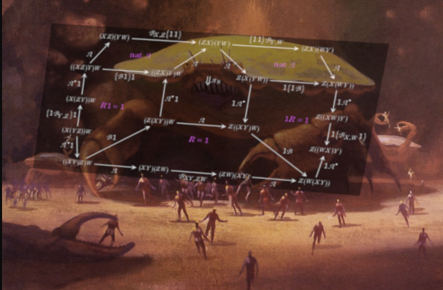 Overlay of the top part of the (2,2)-crossing axiom over the giant Martian crab from the first post. The outline of the diagram aligns <b>very roughly</b> with the crab body, and the one nontrivial 2-cell is over the frowning crab maw. Two arrow labels A happen to fall over the googly crab eyes.