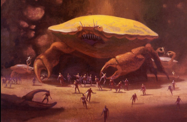 1969 pulp style giant crab in a cave; parts of other crabs can be seen in the foreground and background.  There are tiny people standing around in shock or running panicked.  The crab is holding some of the people.  It has an awkward expression and big googly eyes.  The color pallette is dusty red, like Mars.