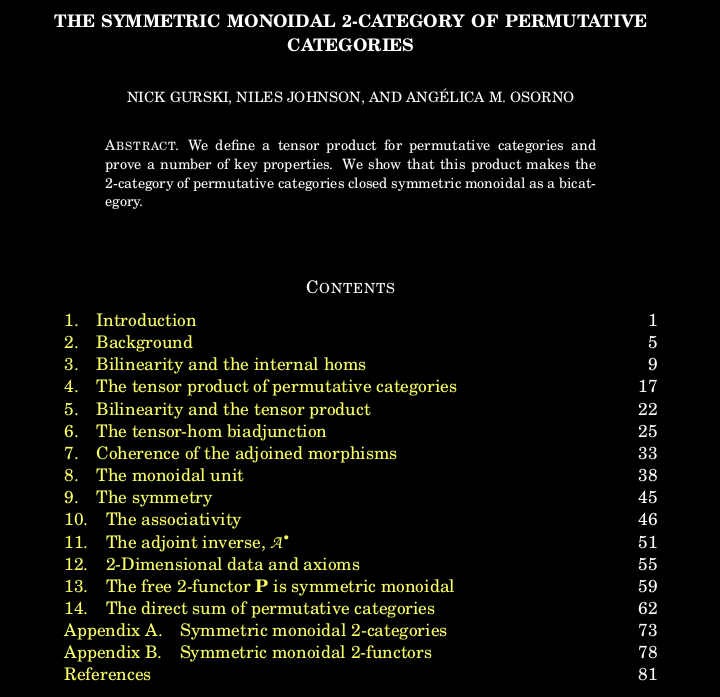 screen grab from the first page of the article: The symmetric monoidal 2-category of permutative categories, by Nick Gurski, Niles Johnson, and Angélica M. Osorno.