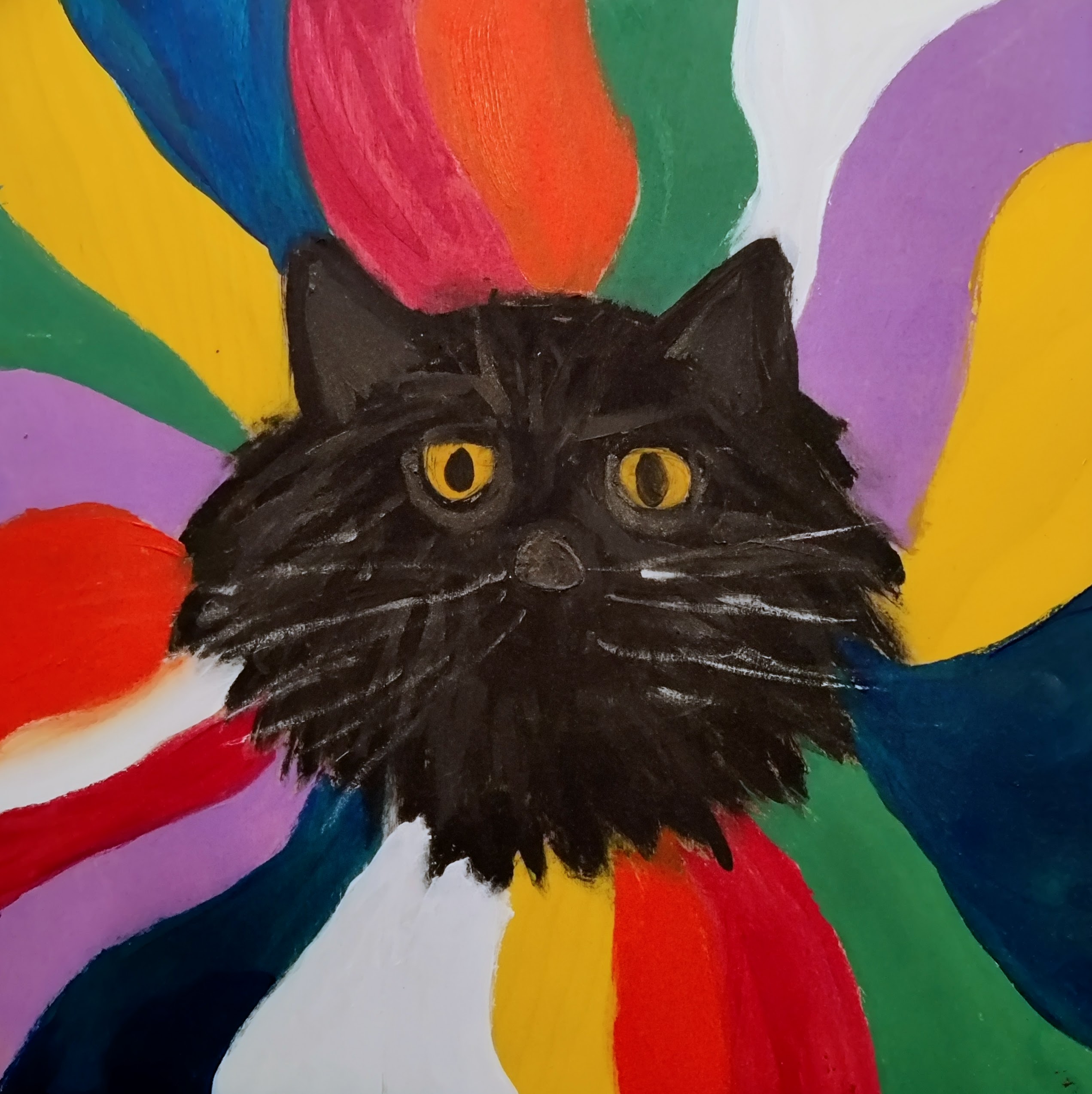 A painting of a black cat face, long-haired and scruffy, floating in the center of an abstract burst of colors.  The cat is earnest and kind, and the streaming colors are waving with irregular variation.
